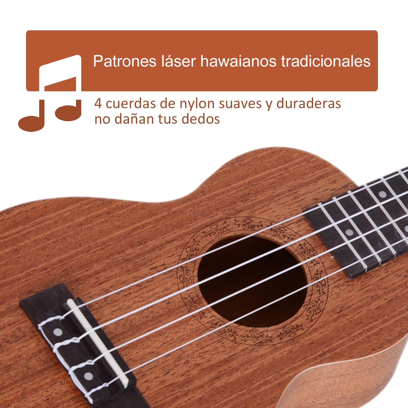 HOMCOM Ukelele 21 Pulgada Ukelele Soprano de Iniciación para Principiantes Ukelele Concierto Hawaiian Cuerdas Aquila de Nylon Material Madera 53x17,5x6,2 cm