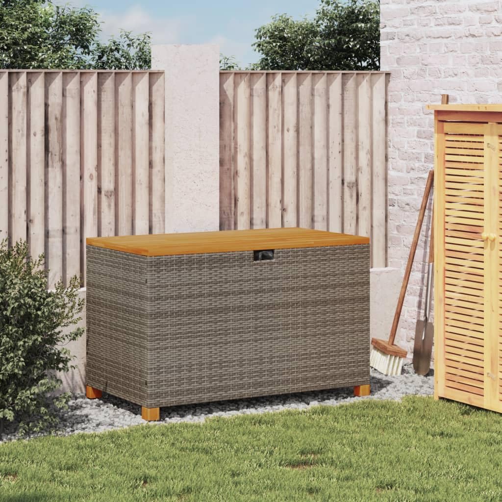Baúl de jardín gris, 110 x 55 x 63 cm, caja de almacenamiento, armario para jardín, balcón, caja de almacenamiento, polirratán, madera de acacia