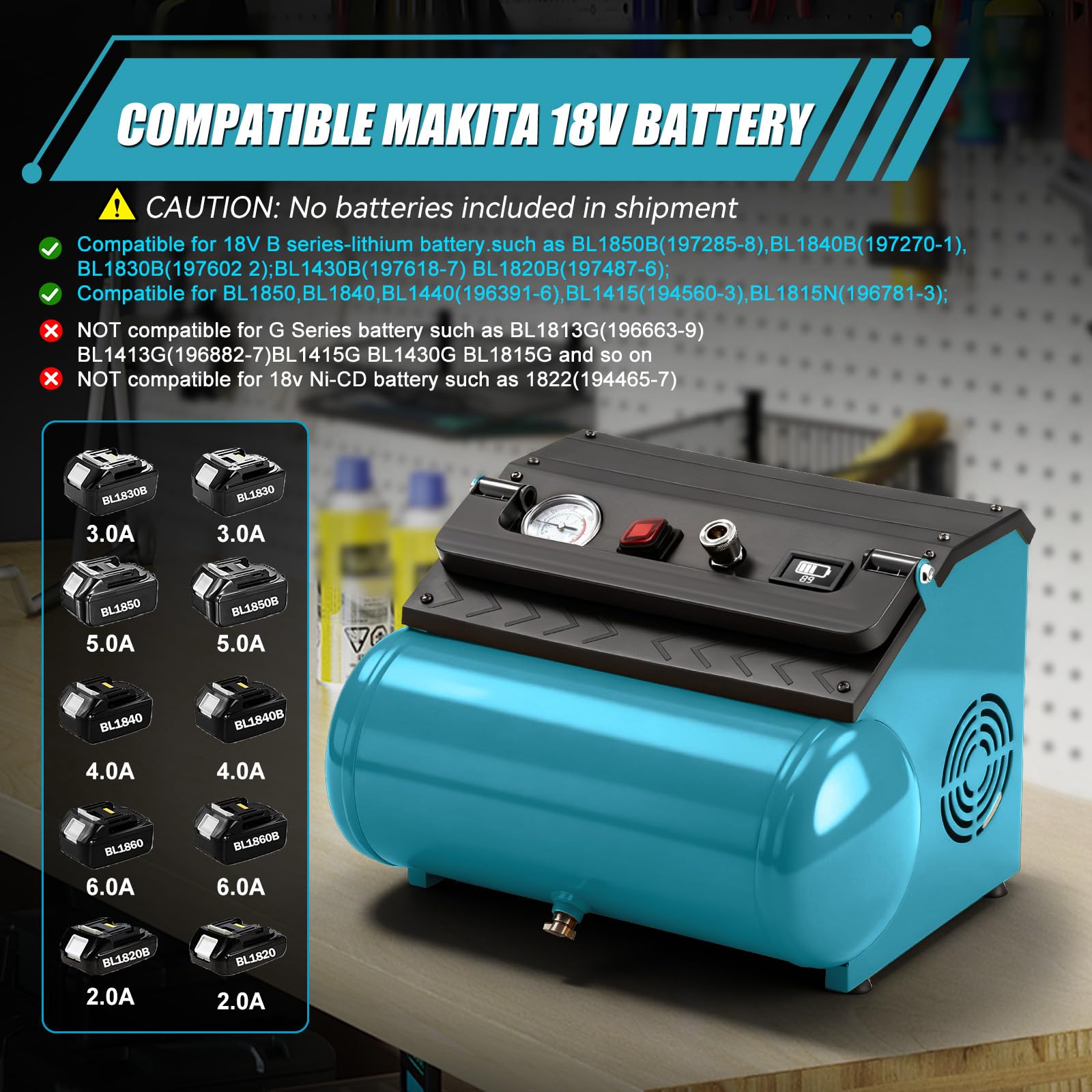 Compressore d'Aria 18V Compatibile Makita, Portatile 8L 8 Bar Senza Olio Brushless