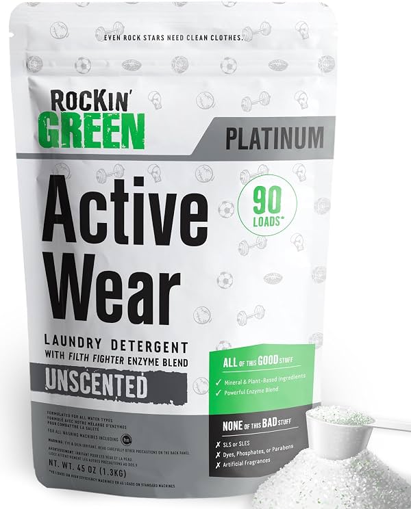 Detergente en Polvo Rockin' Green para Ropa Deportiva - Elimina Olores y Sudor con Enzimas de Origen Vegetal, Probado Dermatológicamente, Sin Fragancia, 90 Cargas