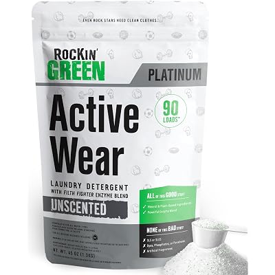 Rockin’ Green Active Wear Laundry Detergent - Unscented Laundry Detergent Powder & Odor Eliminator - Workout Clothes & Sportswear - Safe for Sensitive Skin - 90 Loads