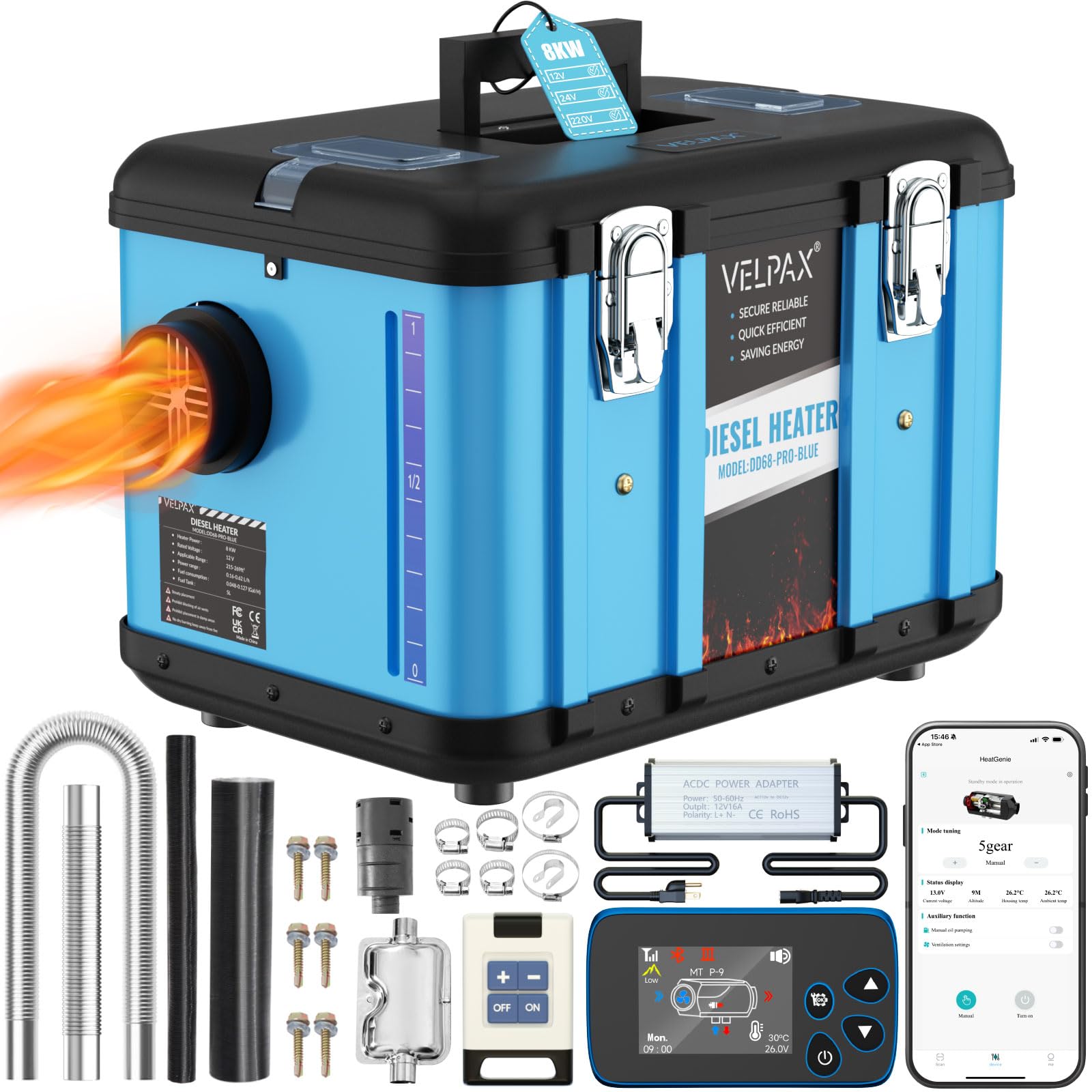 VELPAX Calentador Diésel Portátil Todo en Uno 12 V 24V 220V 8KW,Bluetooth App Calentador de Aire Diesel 0,16-0,52 L/h LCD de Control Remoto,Adecuado para Autocaravanas,Coches,Camiones,Autobuses