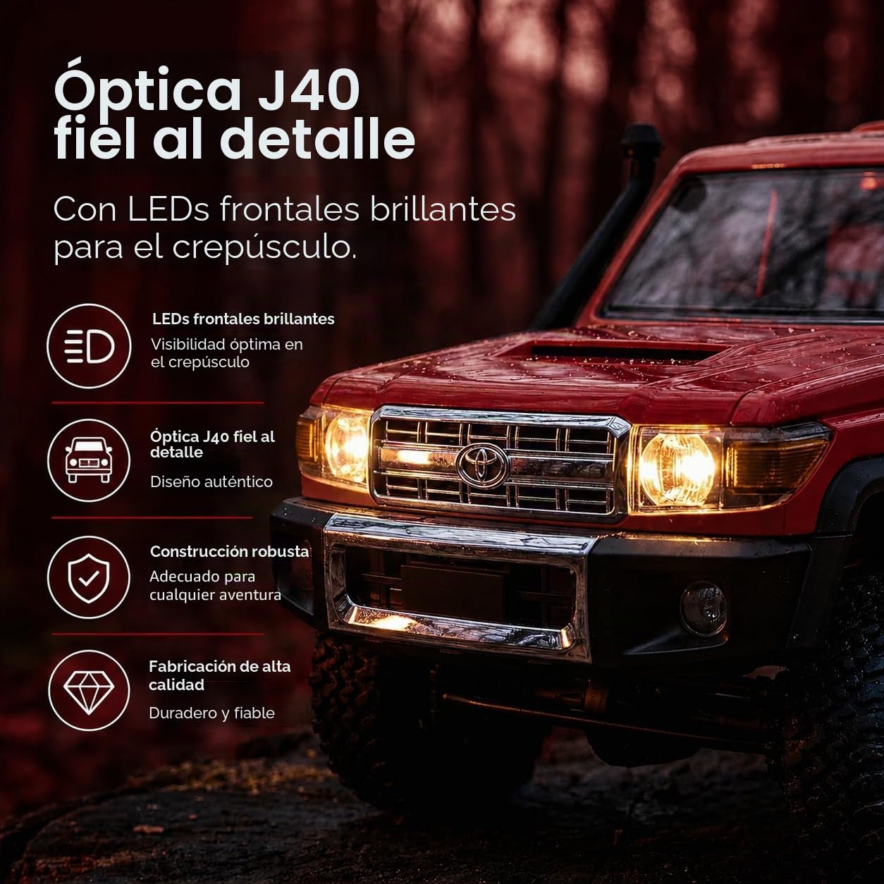 Toyota Land Cruiser | Coche RC teledirigido 1:12 | Pickup 4WD Crawler | Control 2,4 GHz 100 m | Luz LED | Batería Li-Ion 7,4 V 500 mAh 30 min | Juego completo RTR todoterreno (Rojo)