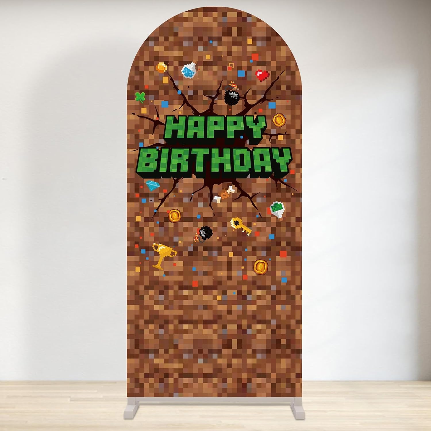 Pixel Arch Backdrop, 182x82cm/5.97x2.69ft Video Game Theme Happy Birthday Backdrop Pixel Arch Cover for Birthday Decorations Gaming Theme Party Favors Supply