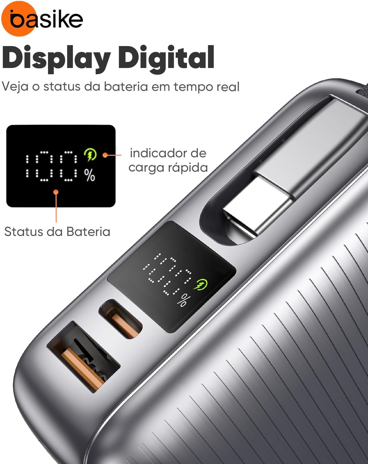 71L54bBs4YL._AC_SL1500_ Basike Power Bank, Carregador Portátil 20000mAh 45W, 3-Saídas com Cabo USB-C Integrado, Bateria Externa de Carregamento Rápido PPS/PD/QC para iPhone Séries 16/15/14/13, Samsung S25/24/23/22/21 (Cinza)
