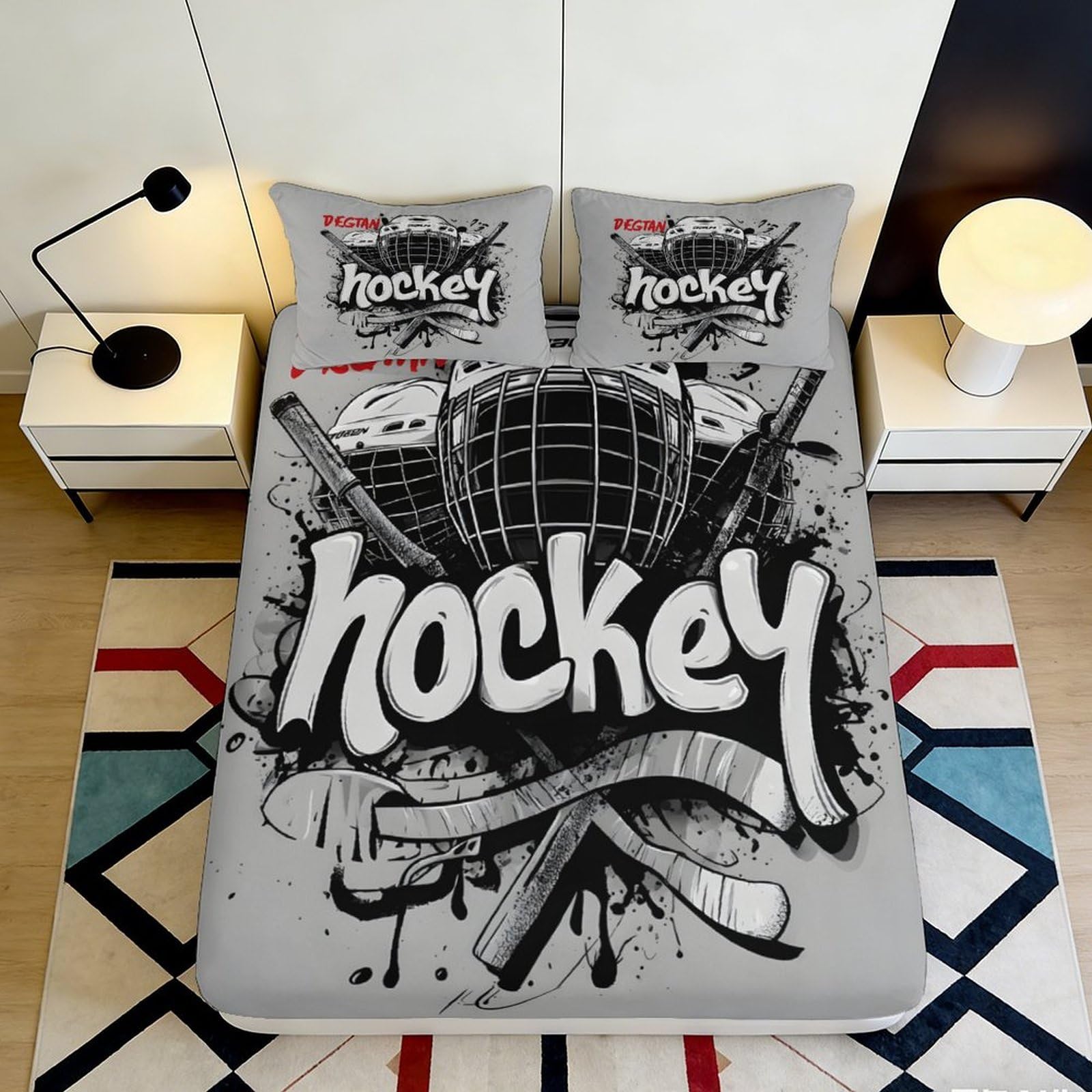 Uxinyoume Style-6 3D Printed Hockey Graffiti Fitted Sheet Microfiber Soft Non-Slip Bed Sheet For Adult Teen Bedroom Dorm Decor 90X200x25cm