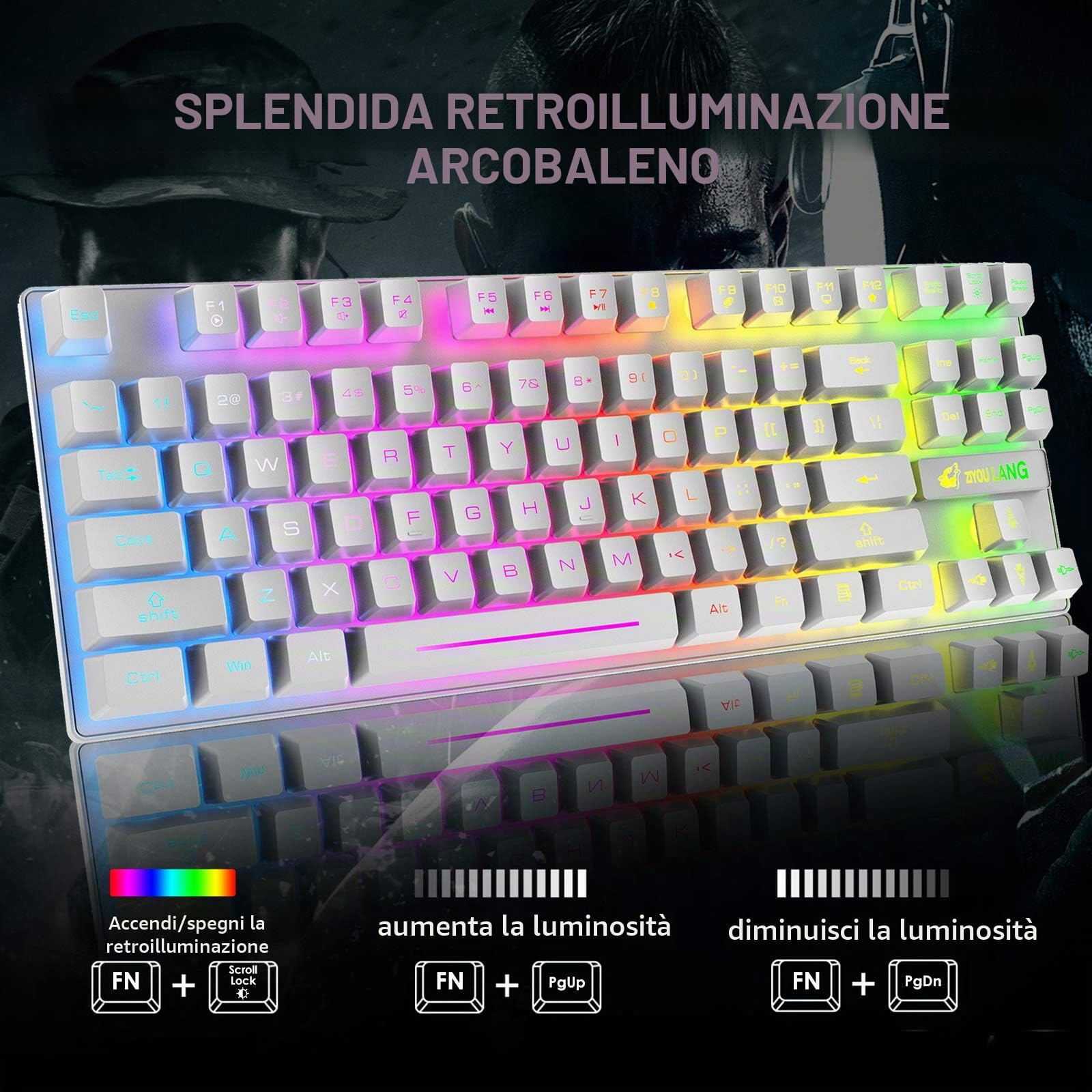 Combinazione mouse e tastiera da gioco wireless, 87 tasti arcobaleno retroilluminazione a LED batteria ricaricabile da 3800 mAh sensazione meccanica mouse muto impermeabile RGB (White)