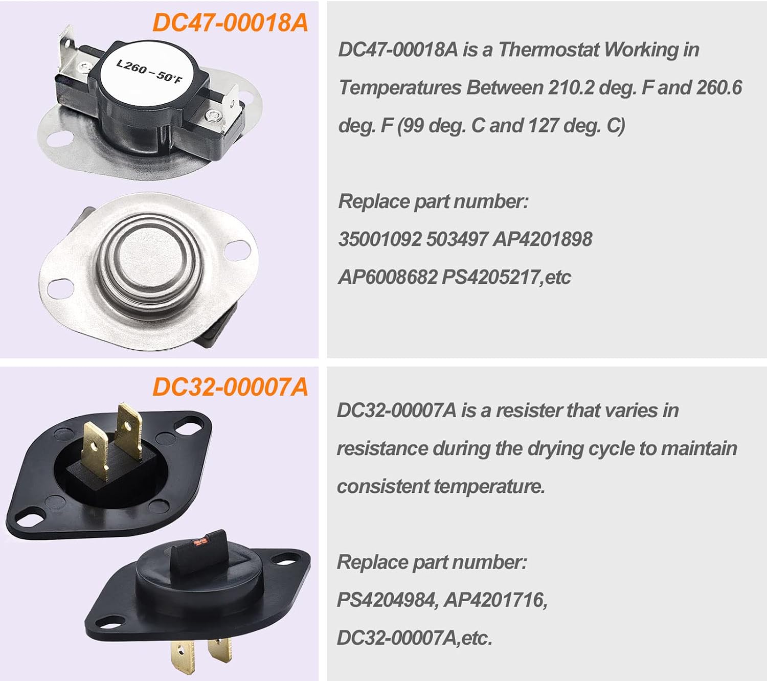 Dryer Heating Element DC47-00019A Compatible with Samsung dv42h5000ew/a3 dv45h7000ew/a2 with Replacement DC96-00887A and DC47-00016A Thermal Fuse, DC32-00007A Dryer Thermistor DC47-00018A