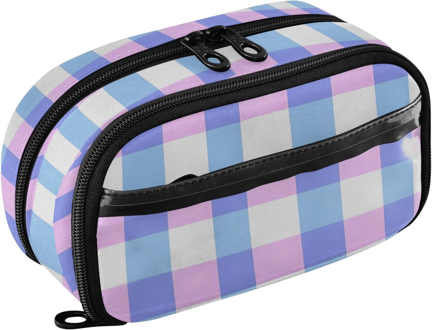 ALAZA Pastel Blue Pink Plaid Pattern Large Capacity Pencil Case, Aesthetic Stationery Organizer Bag with Clear PVC Window, High Capacity Pen Pouch with Dividers for School Office Travel
