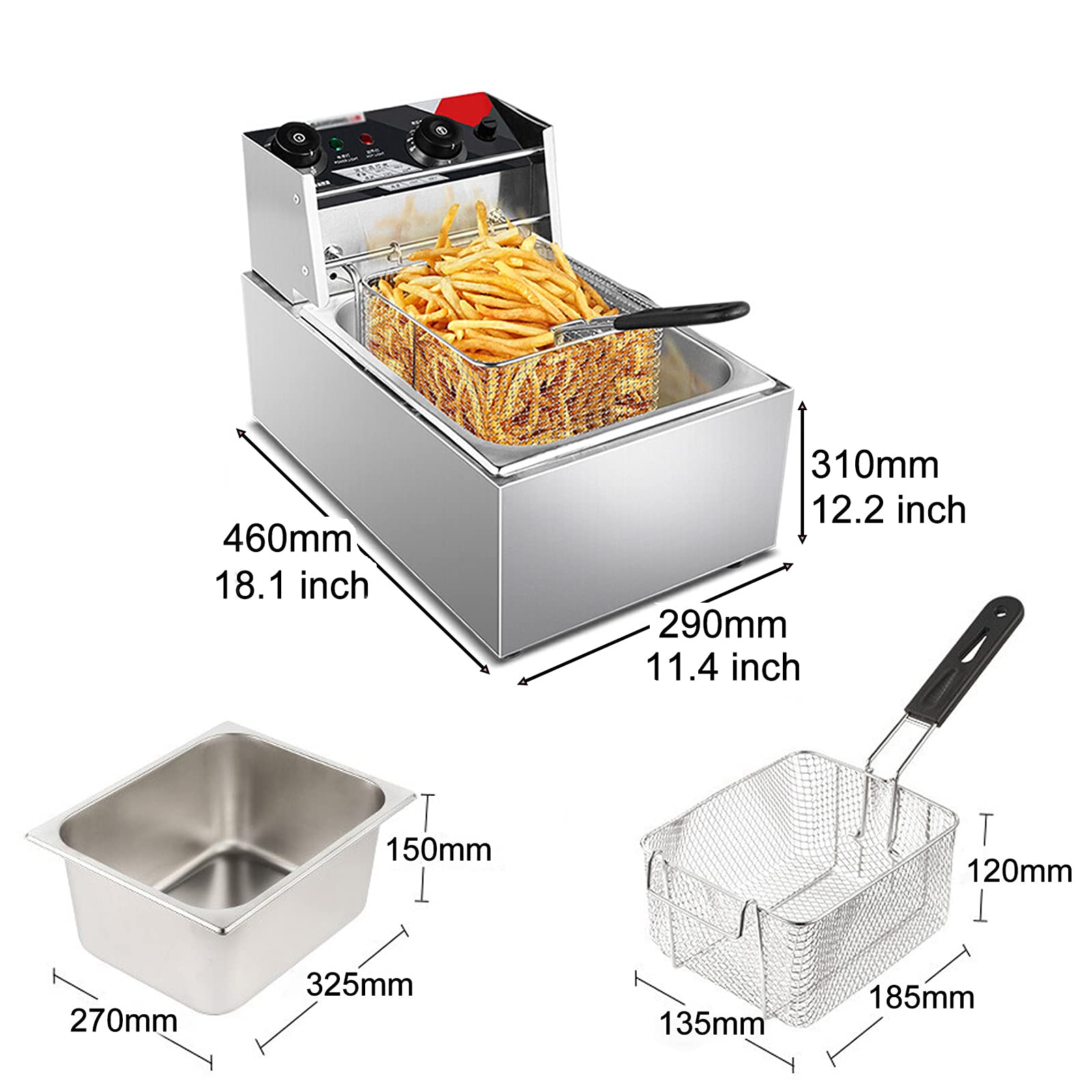 Friggitrice Elettrica Professionale con Cestello, Macchina per Friggere da Cucina Ad Alta capacità, con Funzione di Controllo di Tempo E Temperatura, per Uso Commerciale（10.8L）