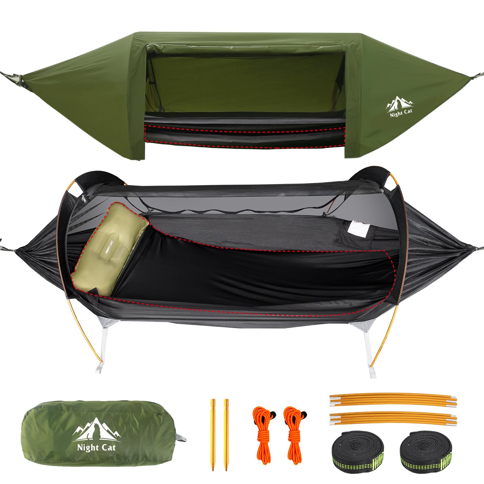 Night Cat Hammock Tent with Mosquito Net Waterproof Rainfly for 1 Person Hiking Camping in Garden Backyard Wild