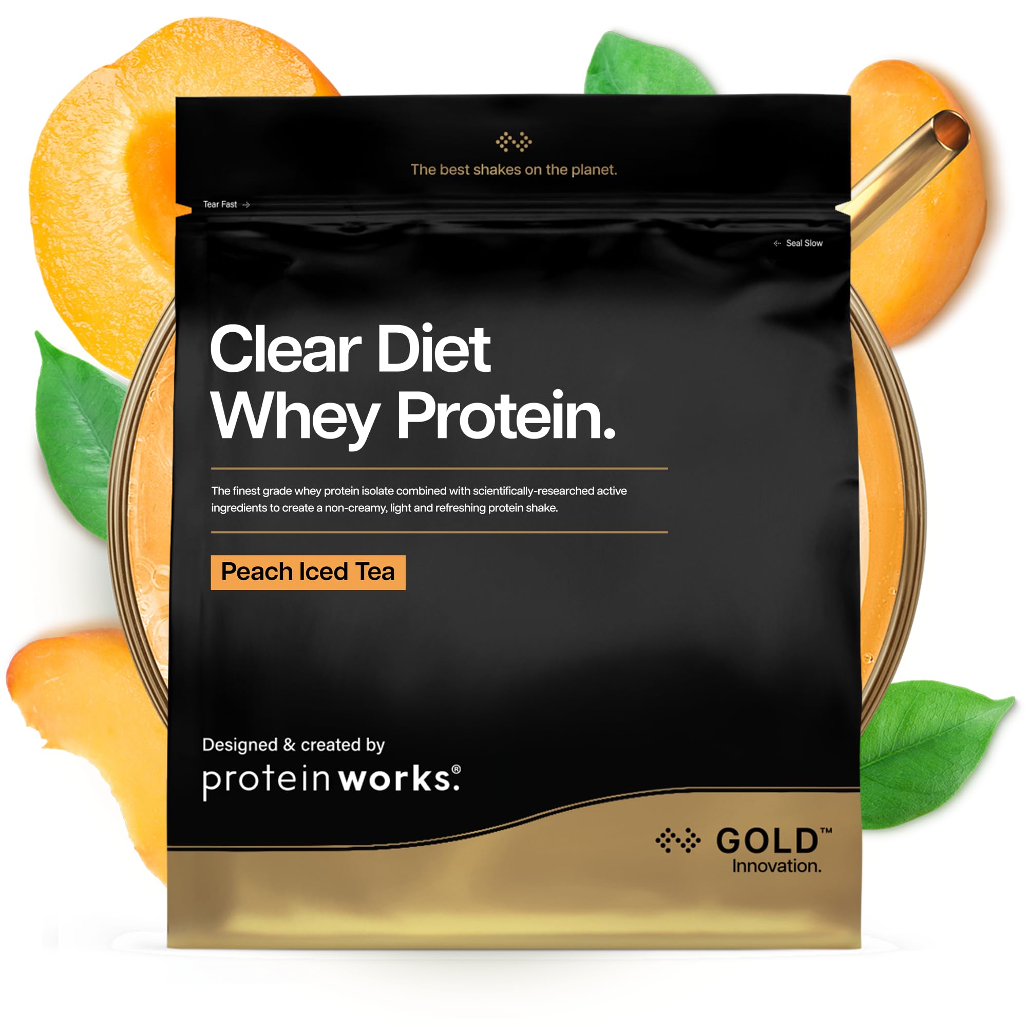 Protein Works | Clear Diet Whey Protein - Gold Innovation, Whey Protein Isolate Powder, Refreshing High Protein Drink, Peach Iced Tea, 40 Servings, 1kg