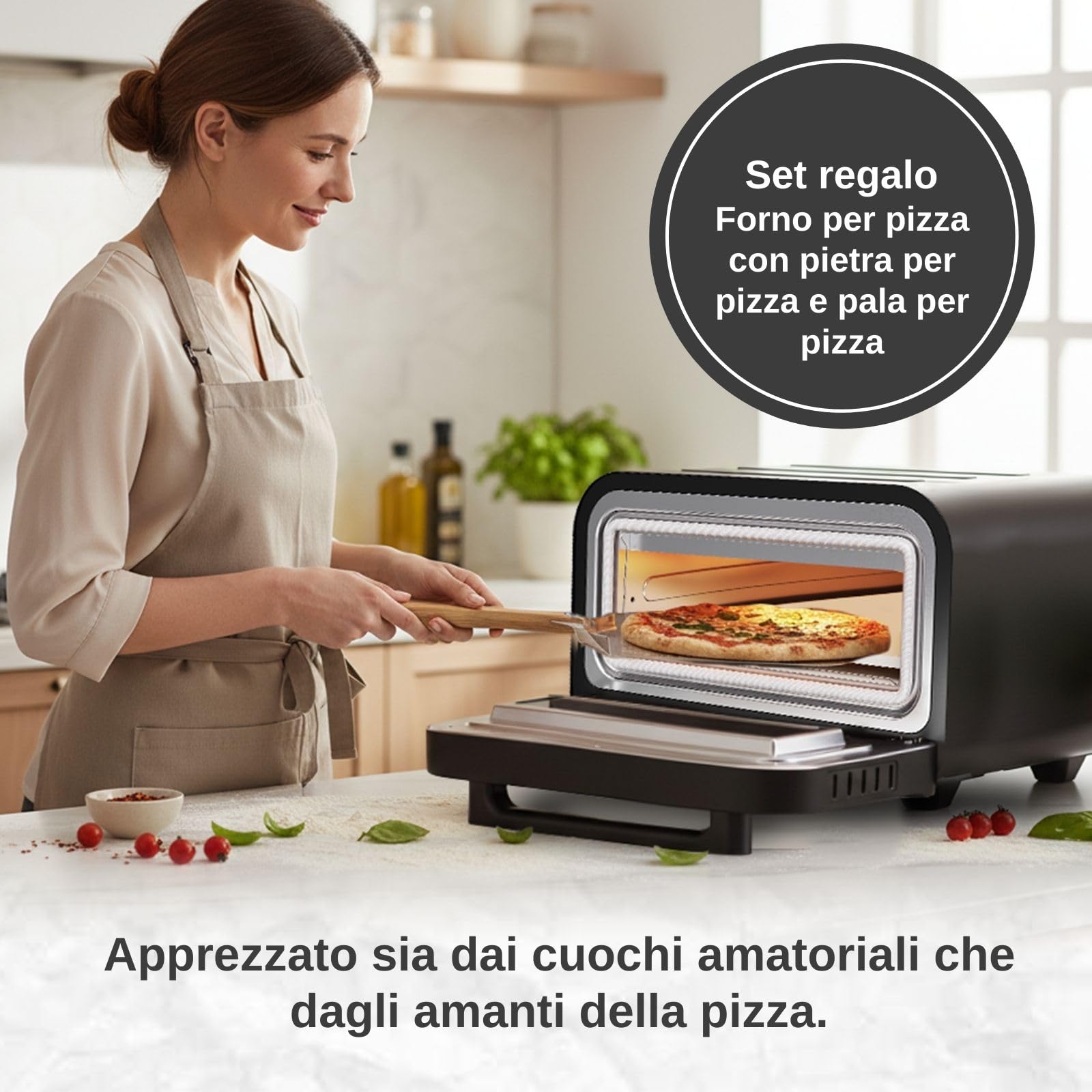 Forno elettrico per pizza – 450 °C con pietra e pala per pizza – 1700 W, timer, luce interna, finestra – Pizza croccante in 2 minuti – Macchina per pizza professionale da casa - BOLKANI (nero)
