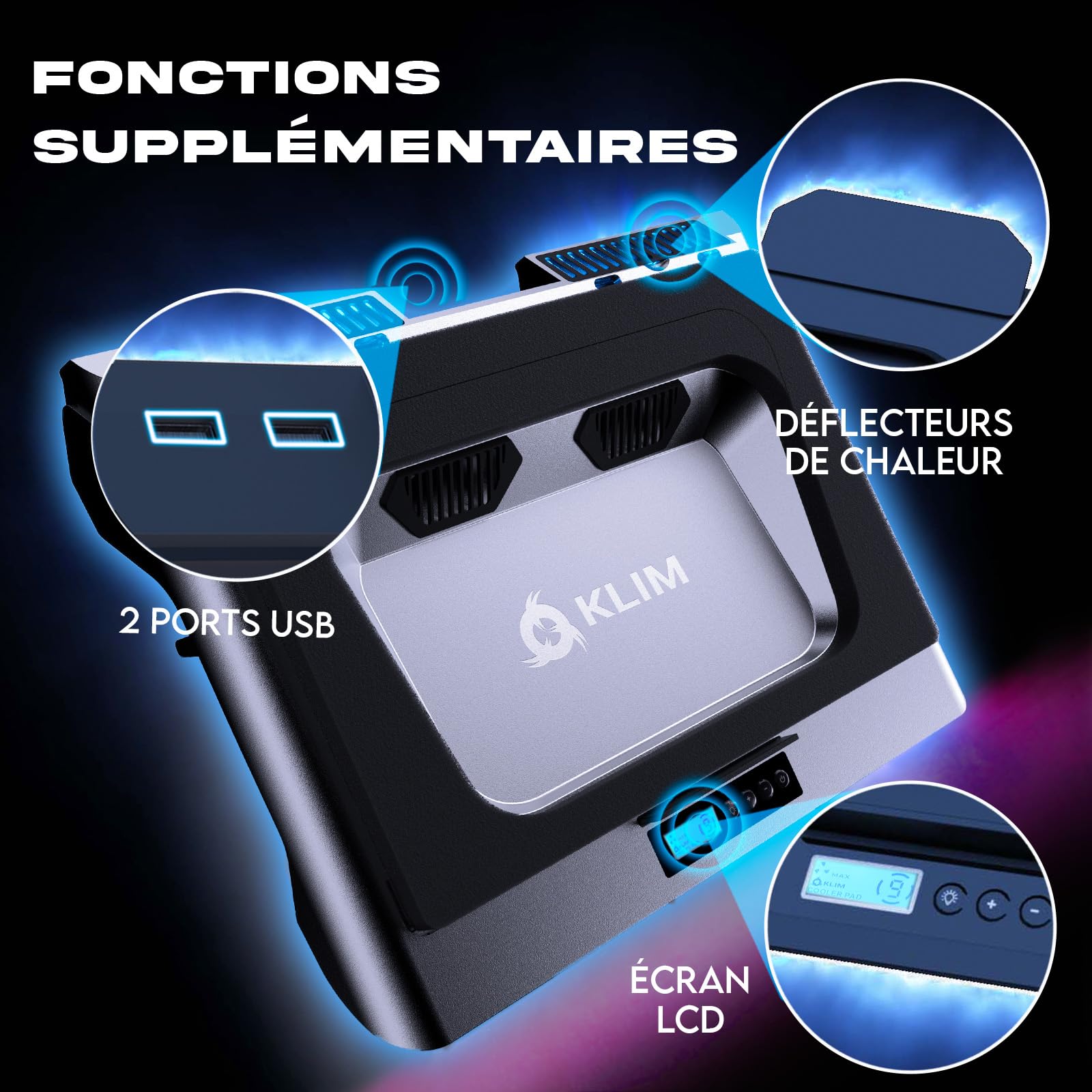 KLIM Everest - Support Ordinateur Portable Ventilé - Nouveauté 2024 - Refroidisseur PC Portable à Turboventilateur (4300 RPM) et Mousse Isolante - pour PC de 14-17,3"