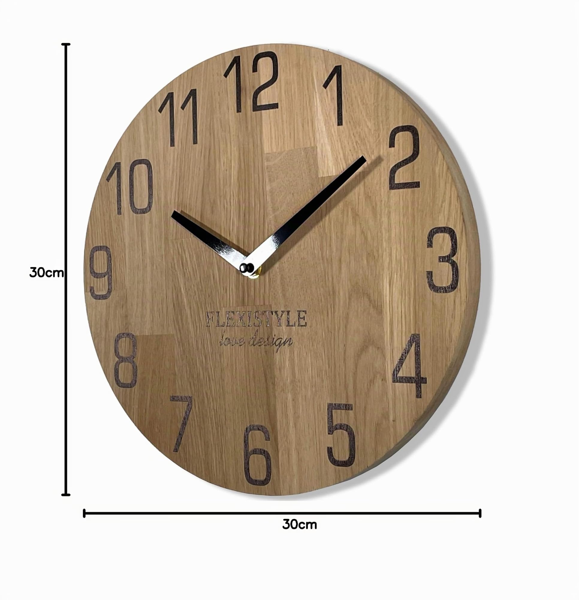 FLEXISTYLE Wanduhr Natur 30cm Durchmesser holzoptik 100% Eiche, Holz modern, Wohnzimmer, ohne tickgeräusche …