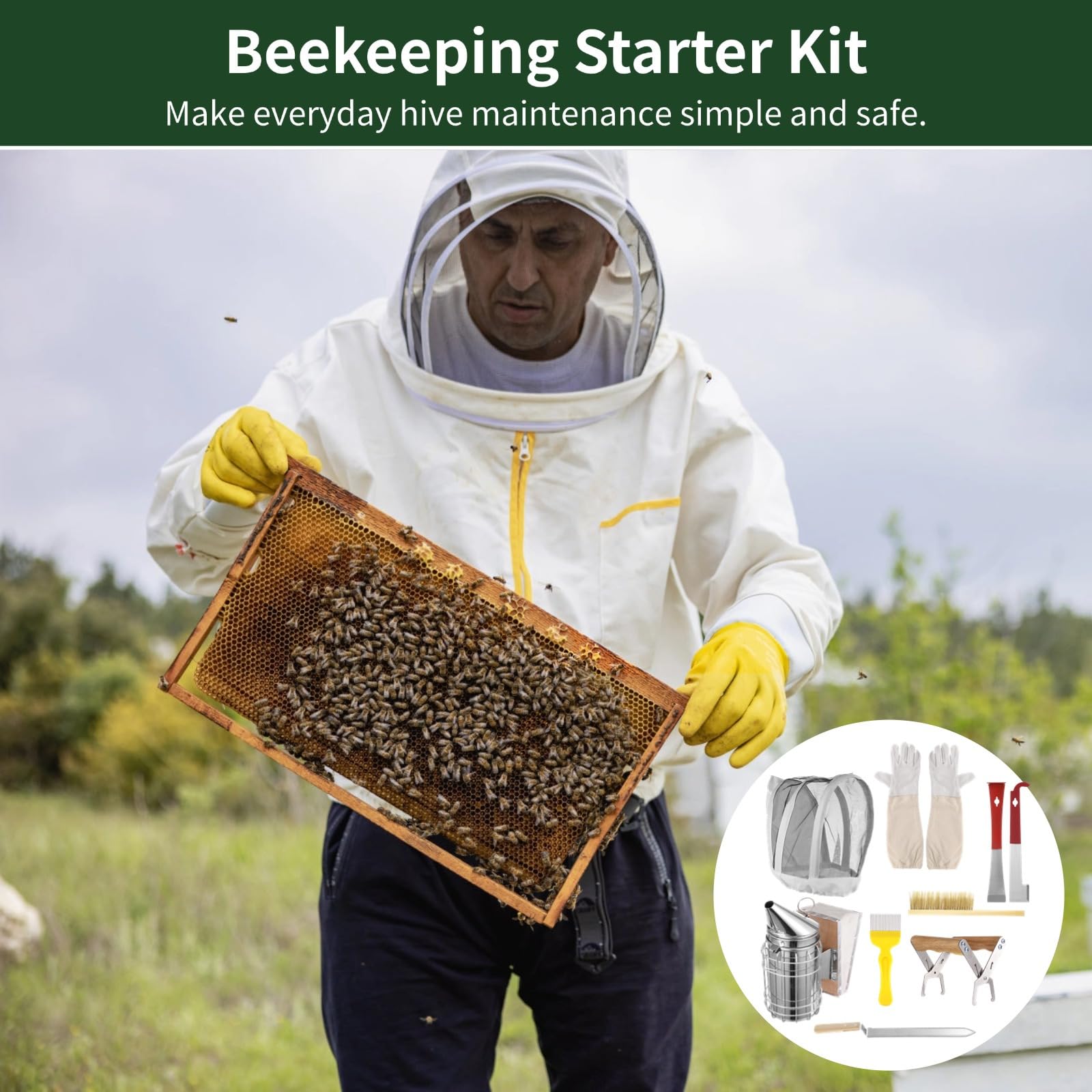Kit completo de herramientas de apicultura de 9 piezas para principiantes, incluyendo ahumador, guantes, agarre de marco y herramientas de colmena