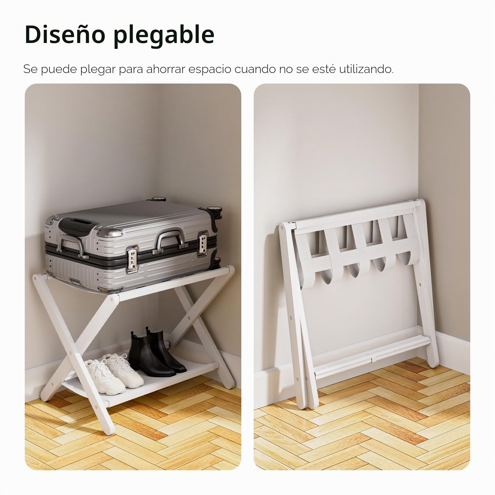 HITNET Soporte Maletas Blanco, Portaequipaje Plegable con Estante de Almacenamiento, Reposa Maletas Hotel con 5 correas, Set de 2