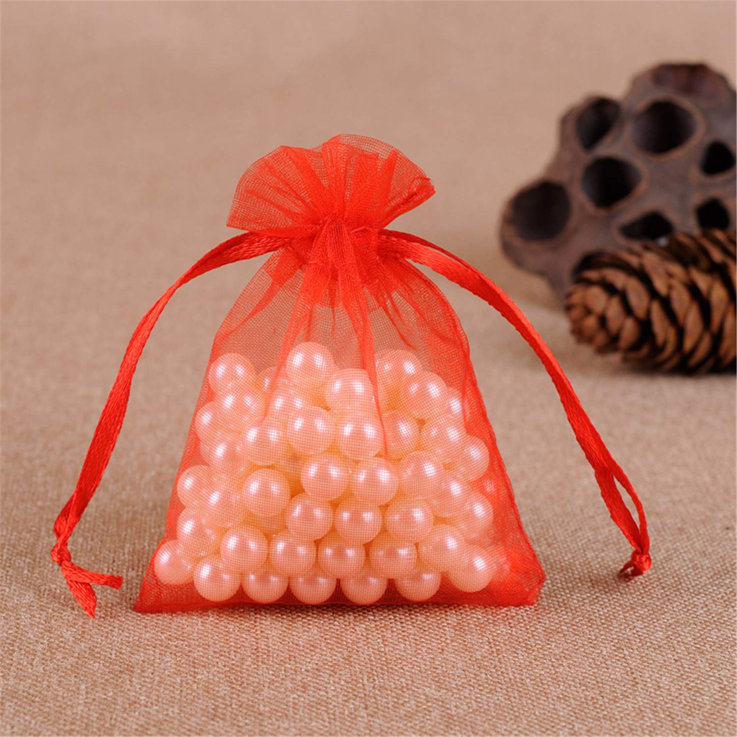 Bene Omnia 100PCS Party Organza Bags Present Sacks Wedding Favour Wrapping Reusable Christmas Drawstring Gift Bag (Red,20 x 30 cm)