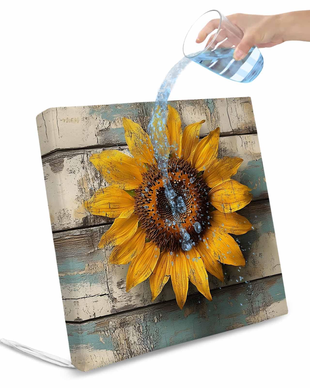 2 Pack Yellow Sunflower Waterproof Cushion Covers with Ties, Outdoor Patio Chaise Lounge Chair Seat Cushion Slip Covers Replacement(Only Cover) Summer Flower Floral Wooden Grain 20