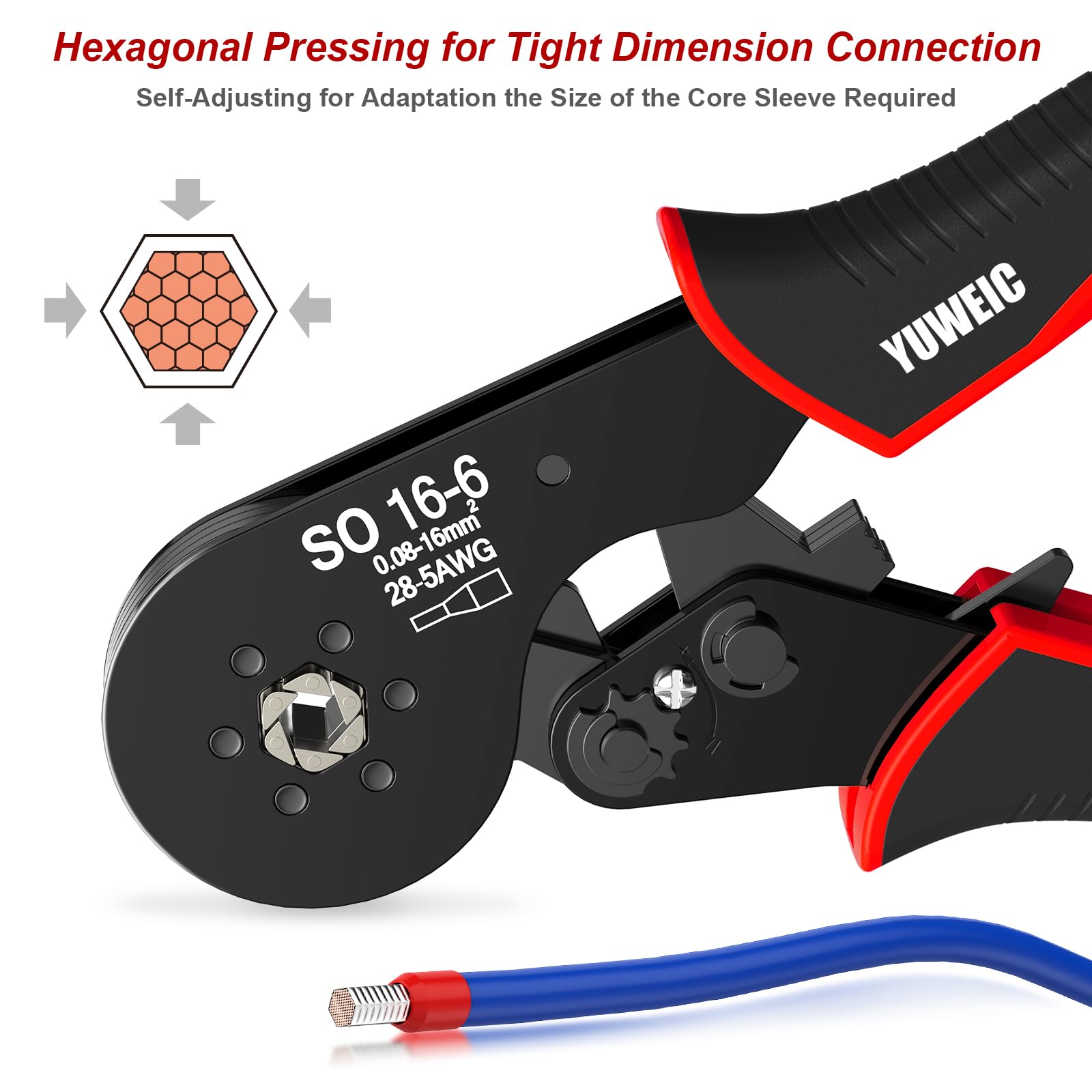Pinza a crimpare esagonale per cavi isolati e non isolati, 28-6 AWG (0,08-16 mm²)