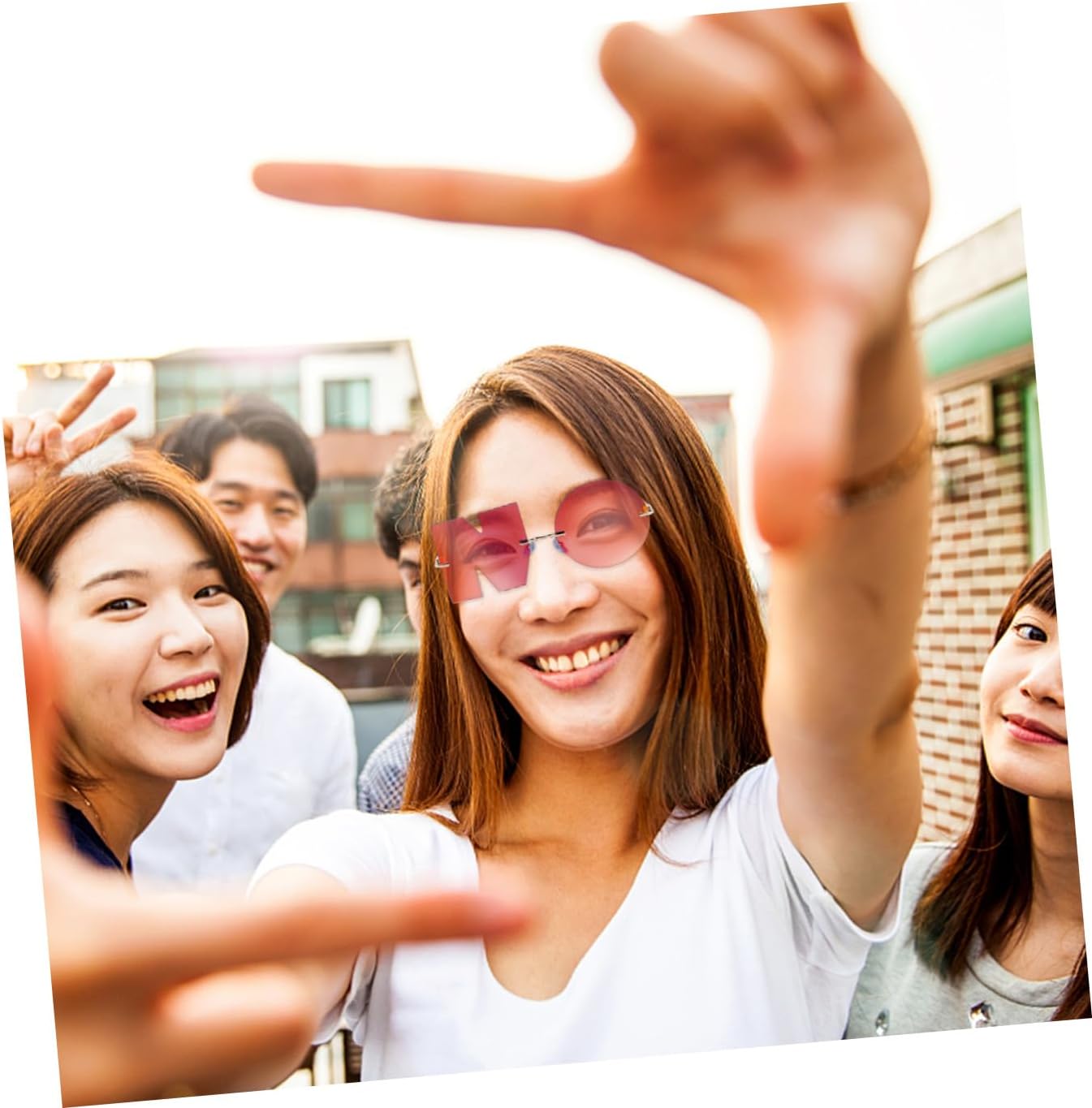 Yardwe Fashion Alphabet Shape Sunglasses for Men Women Party Photo Props Outdoor Beach Eyewear with Red Lens Gold Frame Chic Design
