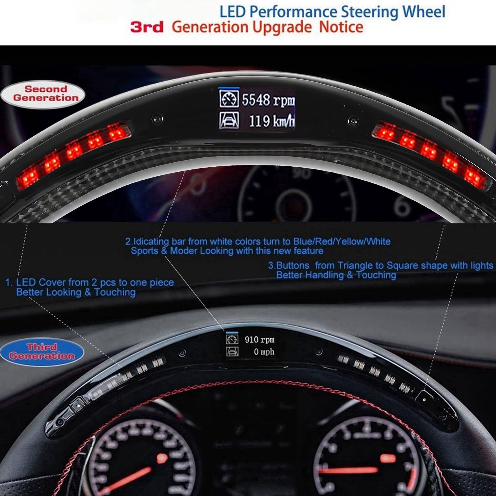 Wymiana Kierownicy LED z Włókna Węglowego, Kierownica ze Skóry Nappa z Wyświetlaczem LED i 20 światłami Zmiany Biegów Płaskie Dno Typu D dla Kierowców M5 F90 2018–2022