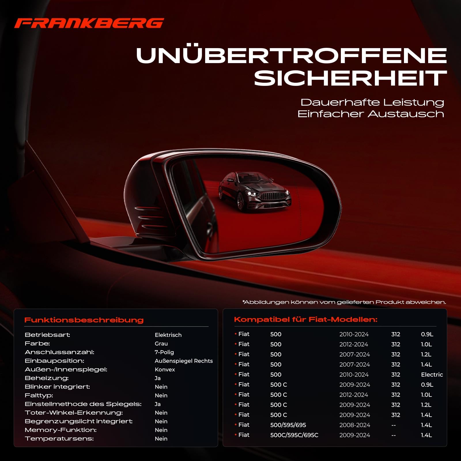 Frankberg Specchietto Retrovisore destro lato passeggero Compatibile con 500 312 500C/595C/695C 500 C 312 500/595/695 Replace# 735481646-HTD