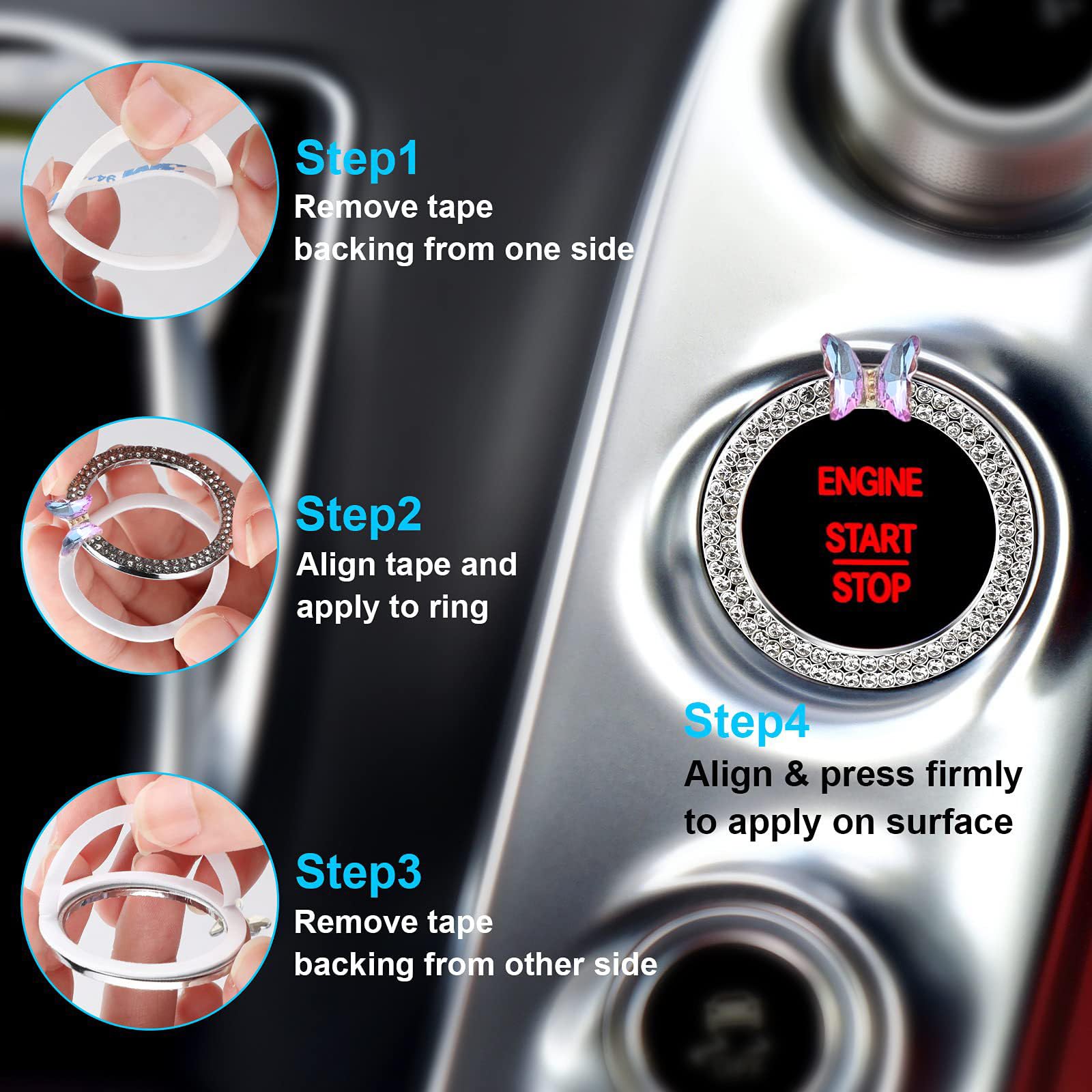 Pink Bow Car Accessories Bow Tie Engine Start Button Ring Bling Girly Silver Rhinestone Ring Start Stop Button — view 7