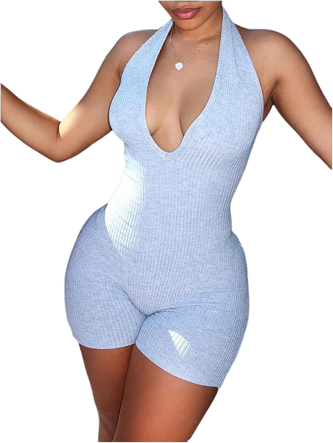 WDIRARA Women's V Neck Backless Sleeveless Skinny Knit Sexy Night Rompers