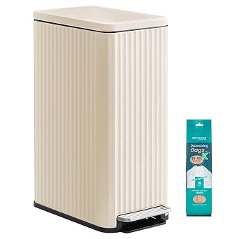 SONGMICS Trash Can, 13 Gallon 50 L Slim Garbage Can for Kitchen, with Soft-Close Lid, Pedal, Removable Inner Bucket, Stainless Steel, 15 Trash Bags, Space-Saving, Cream White ULTB350LZ01