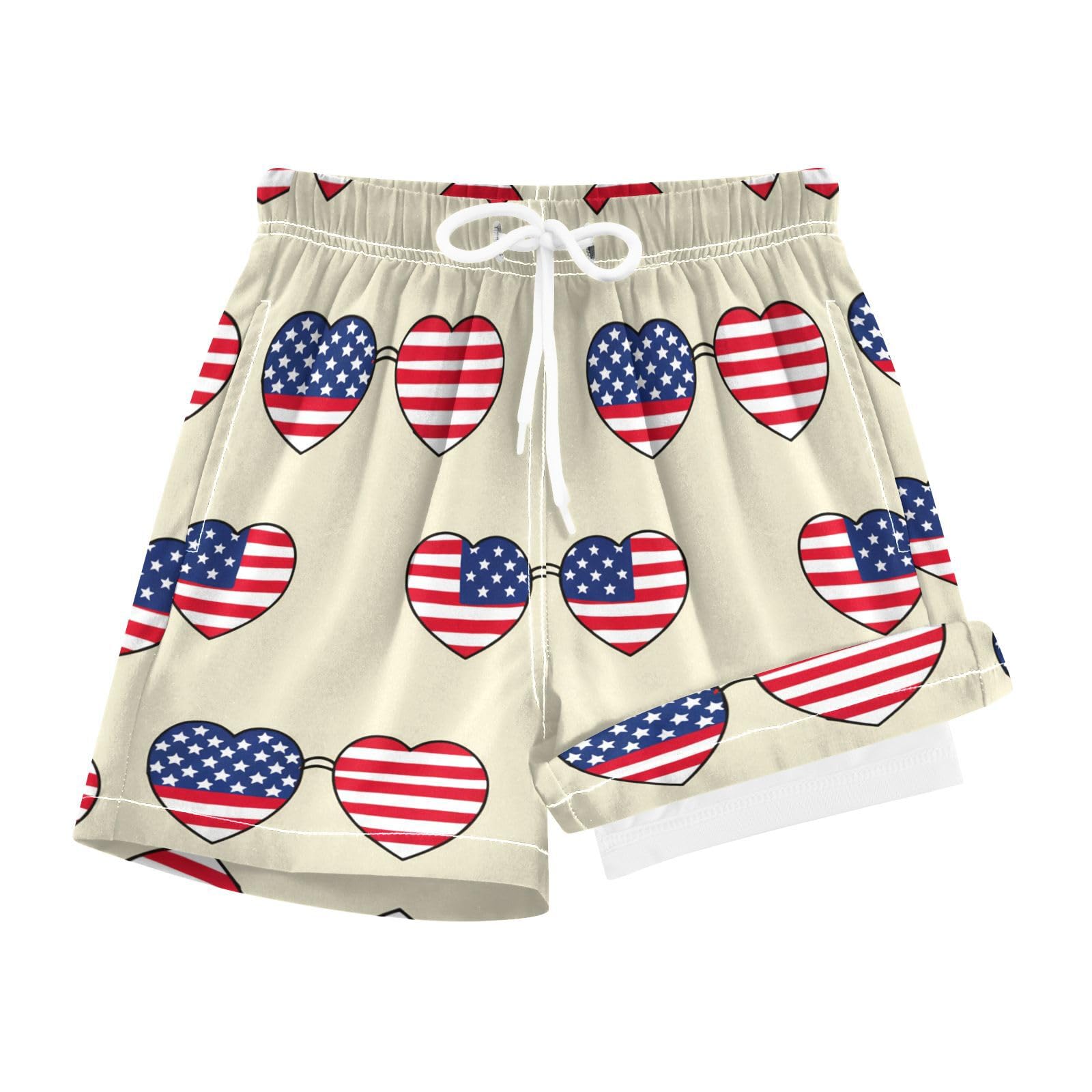 YANENDIE Boy Swim Trunks with Compression Liner Independence Day Boys Swim Shorts Quick Dry Beach Shorts