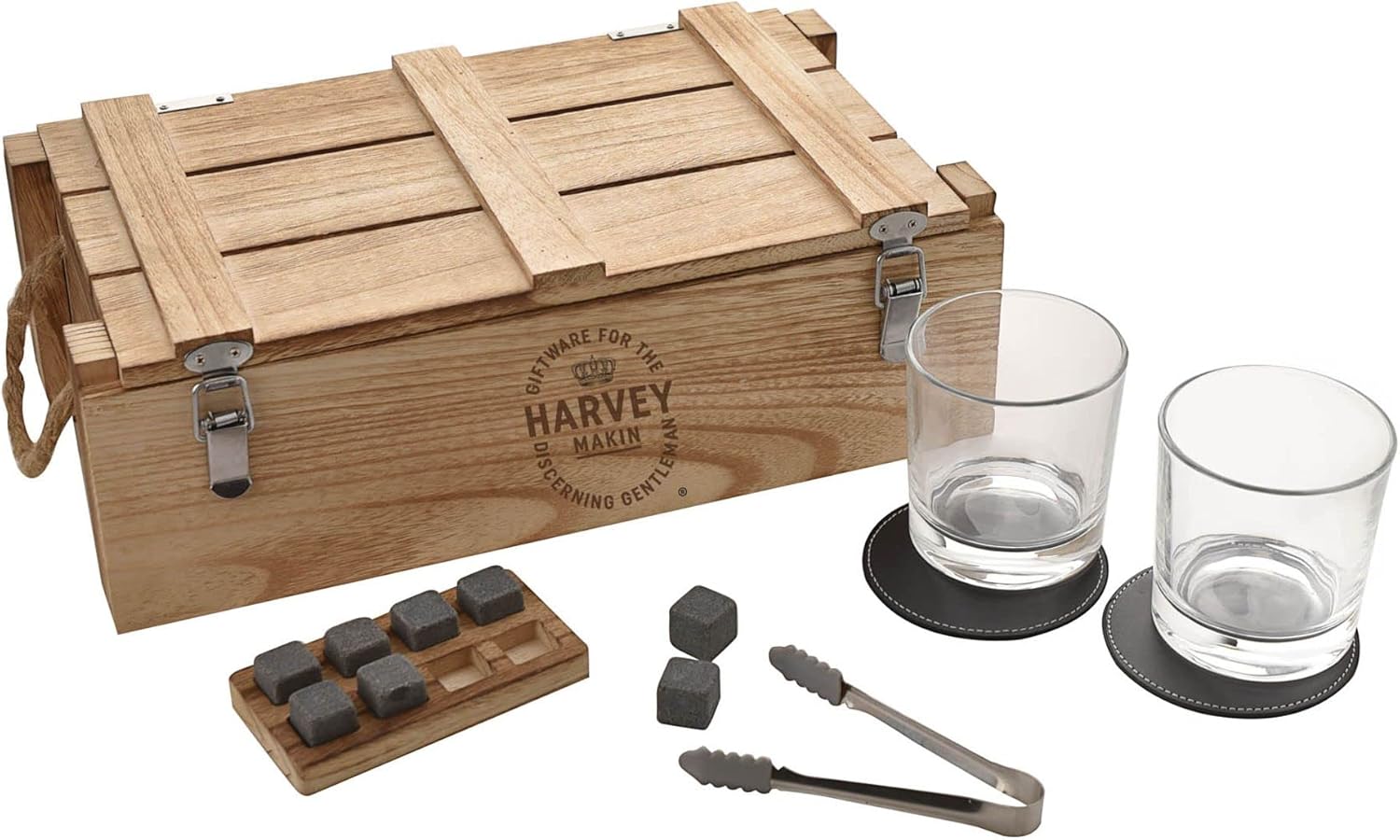 Harvey Makin Whiskey Gift Set Incl Glasses, Coasters, Stones & Tongs in A Rustic Box