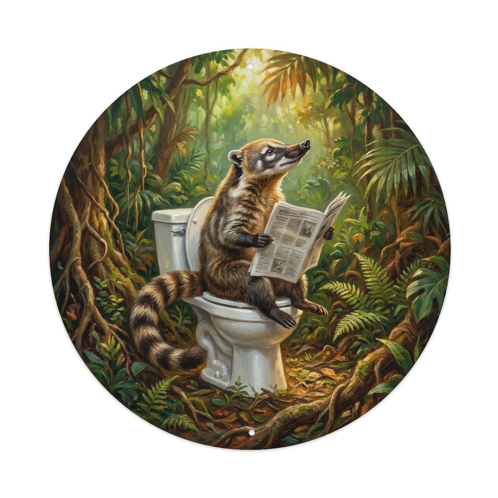 Coati On Toilet Humorous Bathroom Jungle Floor Reads Metal Tin Sign