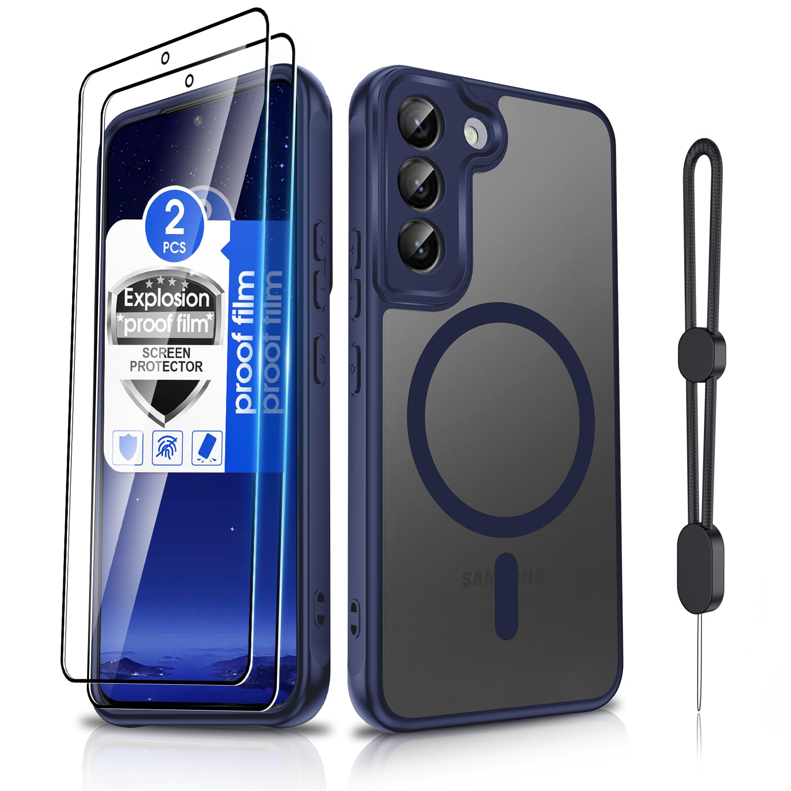 Dizn Magnetic for Samsung Galaxy S22 Plus Case: [Fit for MagSafe],with Explosion-Proof Film,Wrist Strap,Soft Touch Phone Case, Military-Grade Protective for Galaxy S22+, Blue
