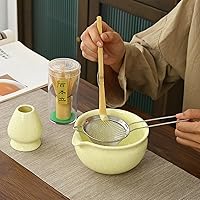 Vista 5 de Juego tradicional de ceremonia de té matcha, kit de 5 piezas con batidor de bambú, cuenco de cerámica, soporte, cuchara y colador, verde claro