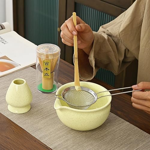 Miniatura 5 de Juego tradicional de ceremonia de té matcha, kit de 5 piezas con batidor de bambú, cuenco de cerámica, soporte, cuchara y colador, verde claro