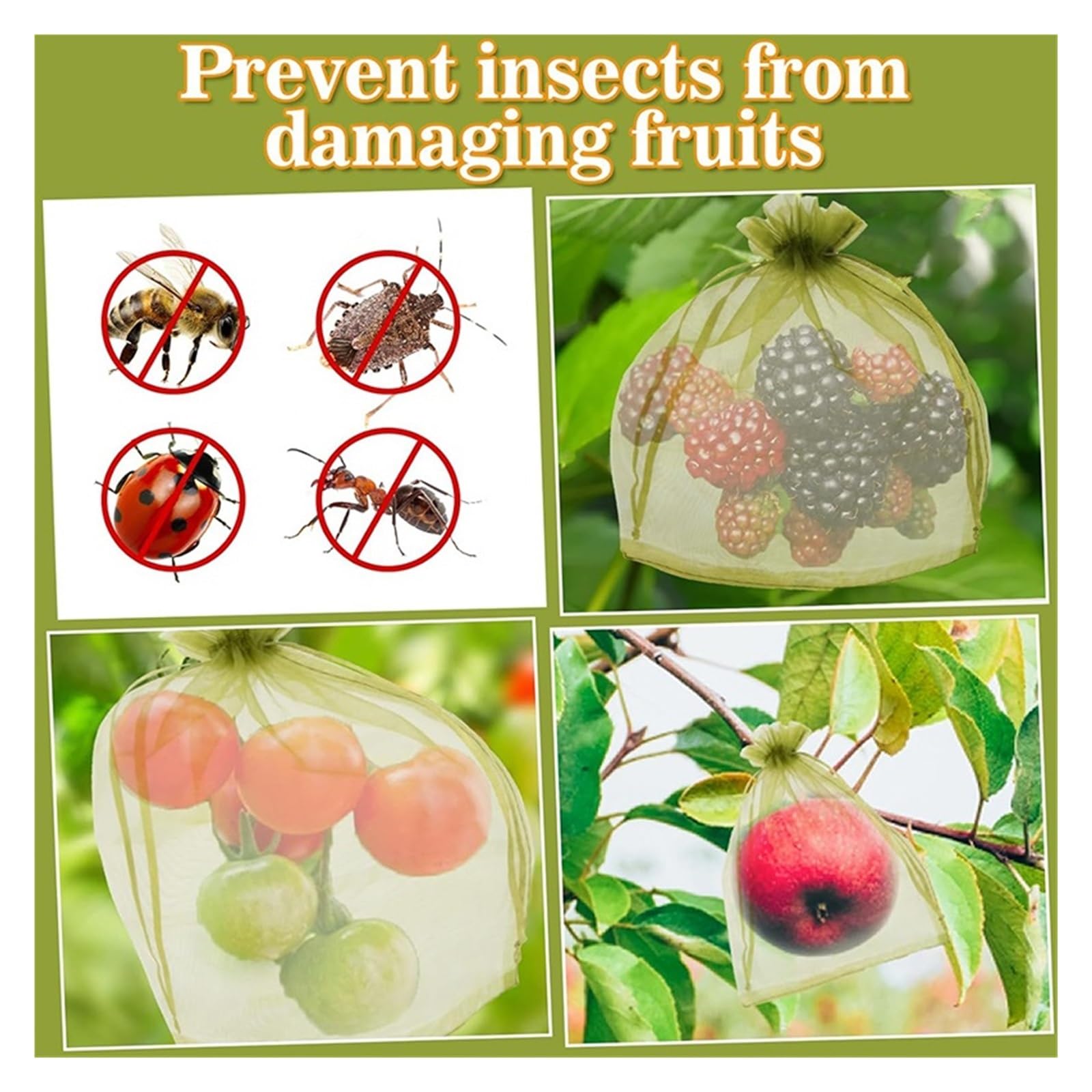 Bolsas de protección frutas con cordón, malla a prueba insectos, cubiertas barrera contra plagas, reutilizables for árboles, plantas, suministros jardín | Green 20x30cm,10PCS