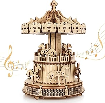 BELEEV 3D Wooden Puzzle Carousel Wind-Up Music Box for Adults and Teens | No Glue DIY Mechanical Craft, Nostalgic Home Decor Desk Display Chiristmas, Creative Gift for Adults and Teens