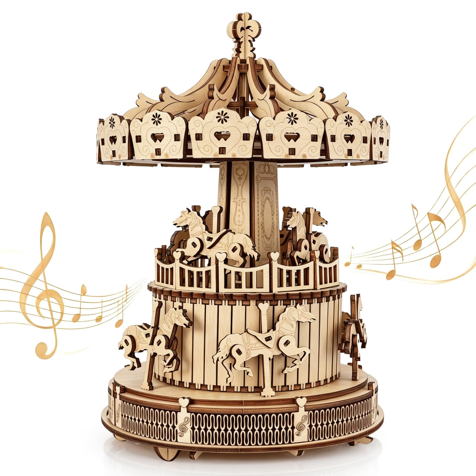BELEEV 3D Wooden Puzzle Carousel Music Box, Wind-Up Wooden Model Kit with Moving Horses, No Glue DIY Mechanical Craft, Nostalgic Home Decor Desk Display Chiristmas, Creative Gift for Adults and Teens