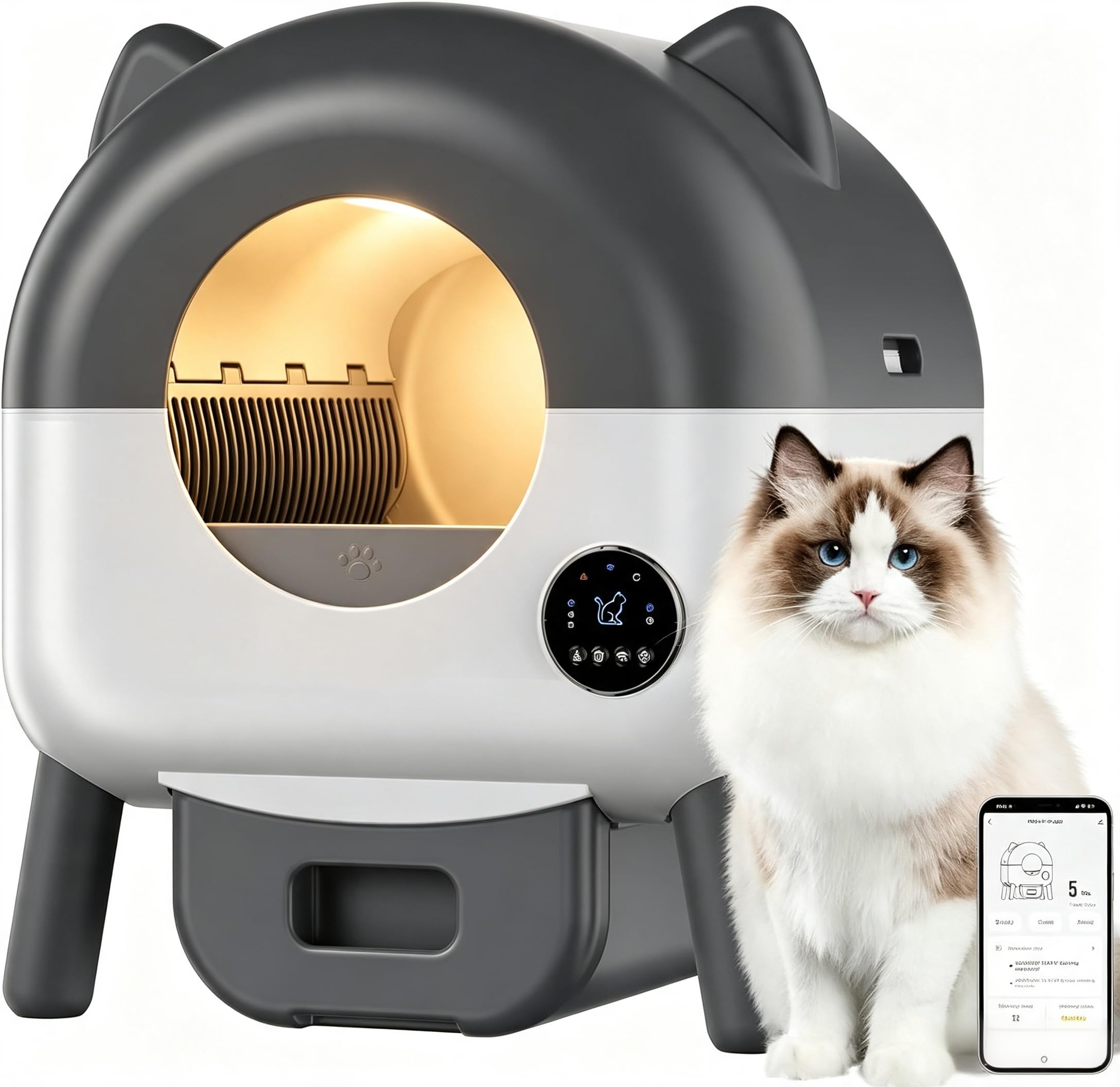Selbstreinigende Katzentoilette, 89L Katzenklo Selbstreinigend, APP-gesteuert, Sicherheitssensoren, Geruchskontrolle, Automatische Katzentoilette für Mehrere Katzen, LED-Nachtlicht,1 Rolle Müllbeutel