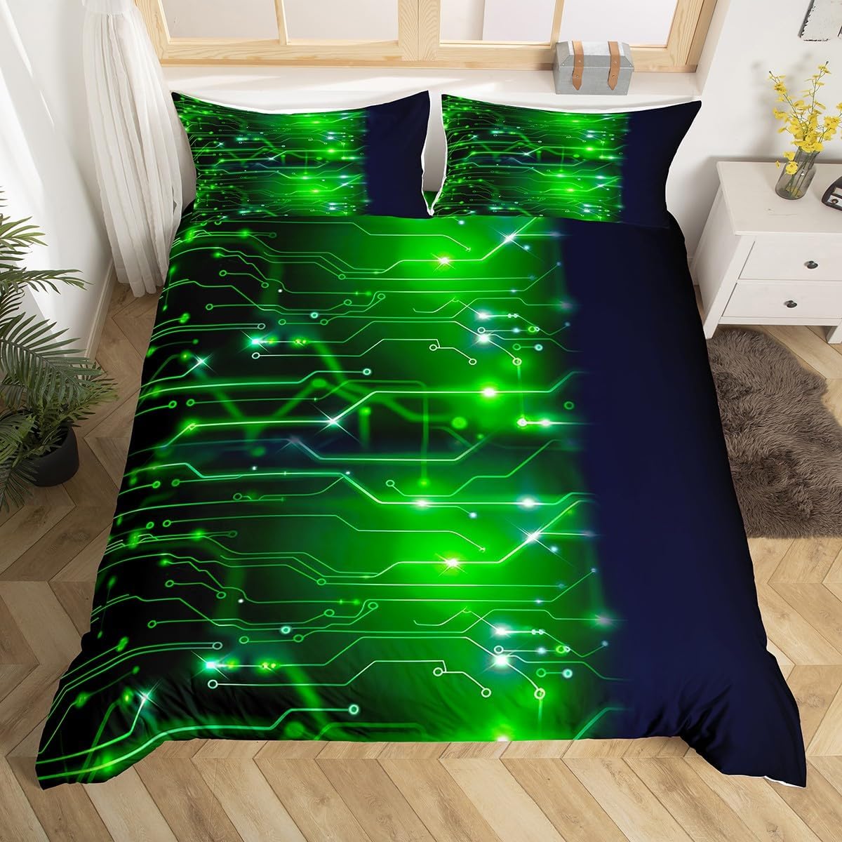jejeloiu Strip Lines Bedding Duvet Cover Set Toddler Size Bedding Set for Kids Boys Girls Decor Green and Black Comforter Cover Set Geometric,No Comforter