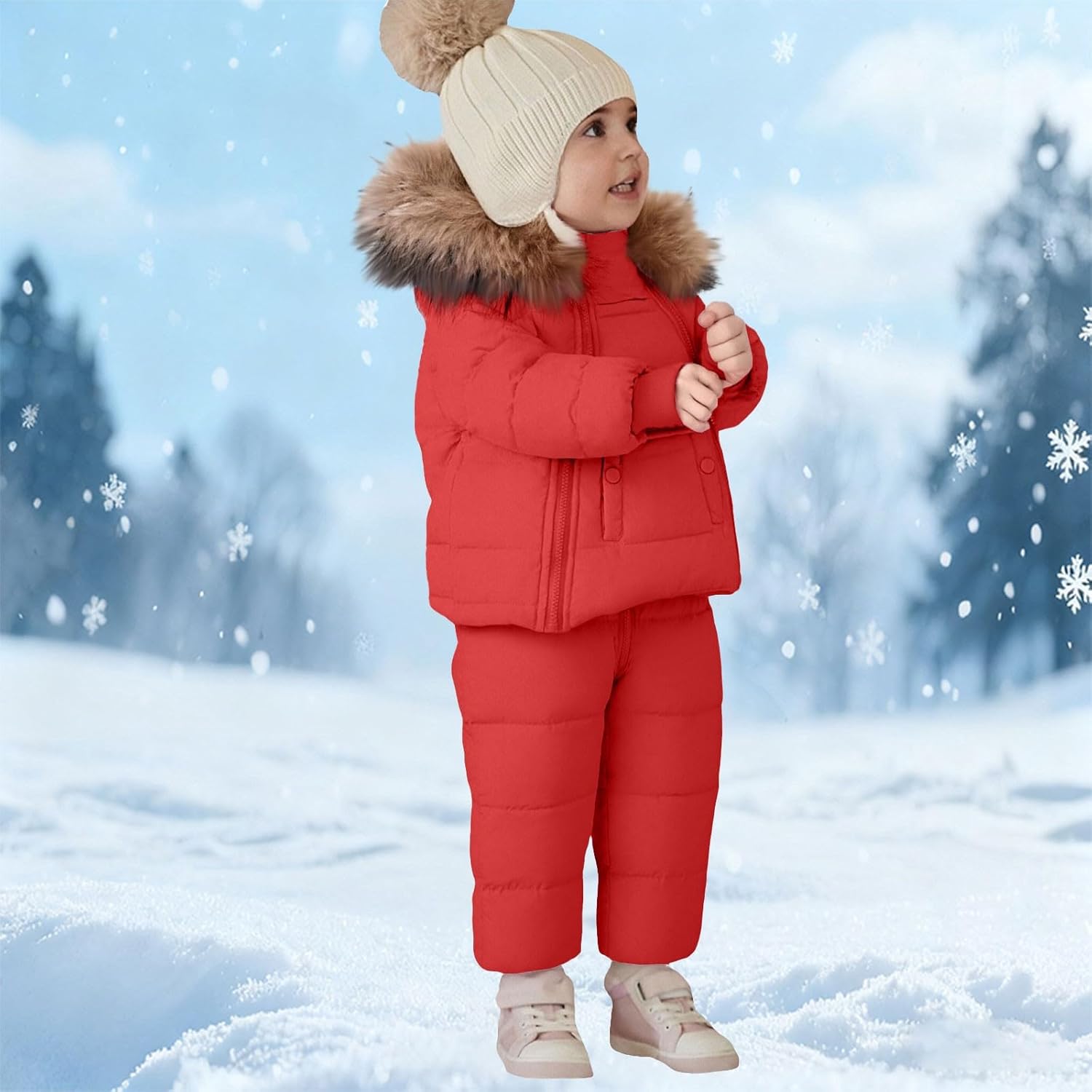 Toddler Boys Girls Thick Ski Snowsuit Hooded Puffer Jacket and 𝗦𝗻ow Bib Pants Winter 𝗪aterproof Ski Suit