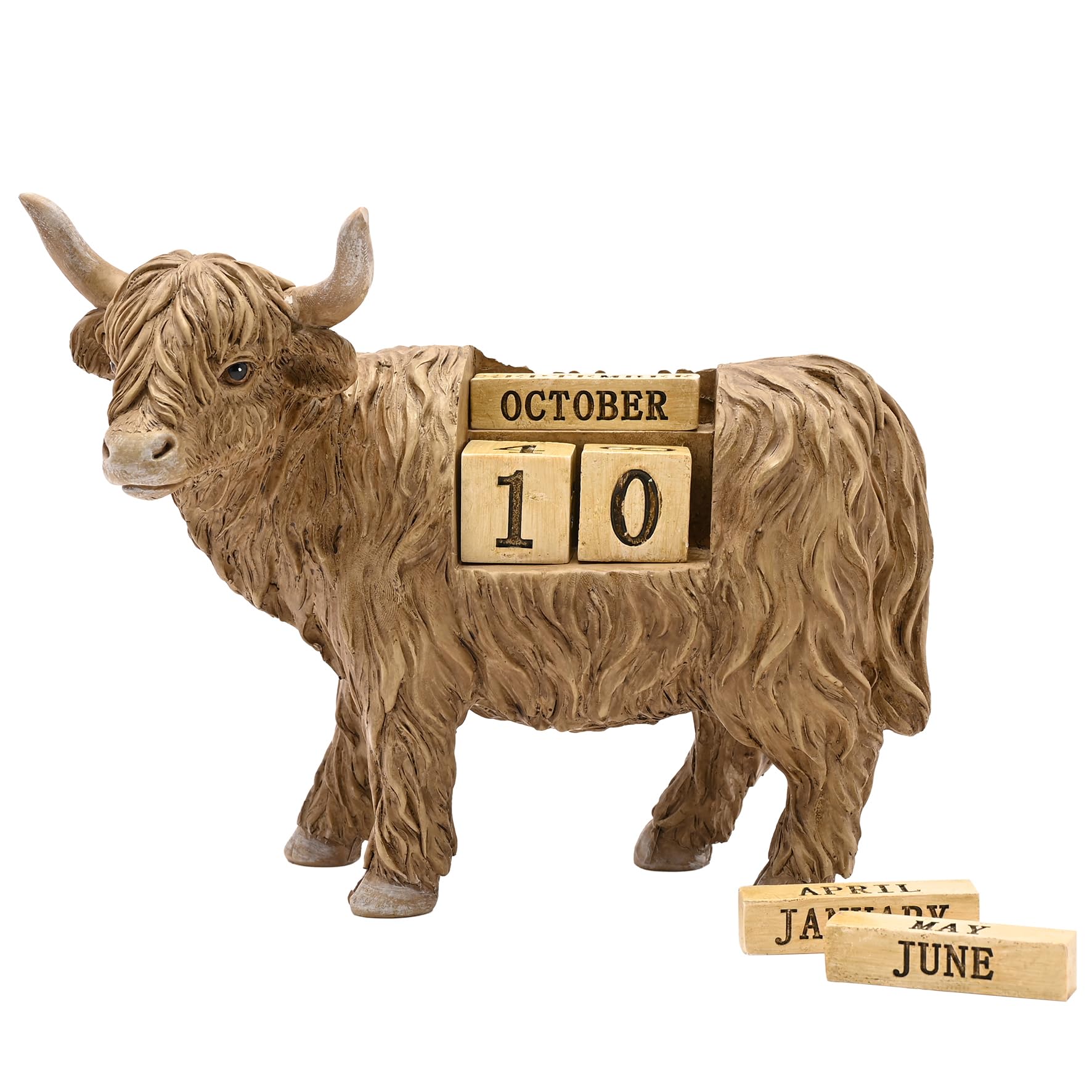 Country Living Highland Cow Figurine Perpetual Calendar – Rustic Wooden Desk Ornament with Movable Date Blocks, Countryside Animal Décor