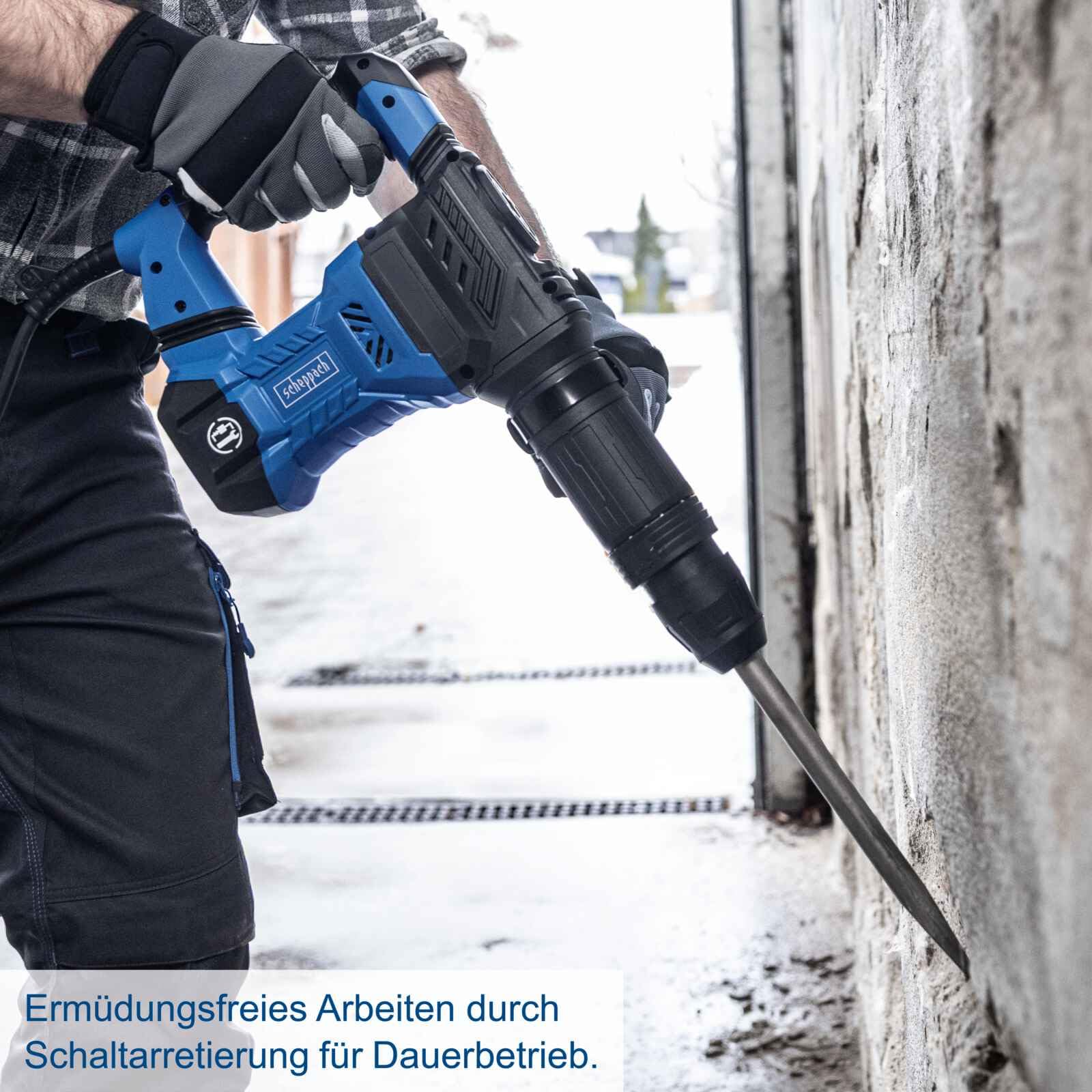 Scheppach Abbruchhammer AB1500X Betonhammer mit Transportkoffer & 3m Kabel | 20J Schlagkraft | 1300W Leistung | SDS-Max-Aufnahme | 4100 BPM | Zusatzgriff 360° | 6kg leicht | inkl. Spitz- & Flachmeißel