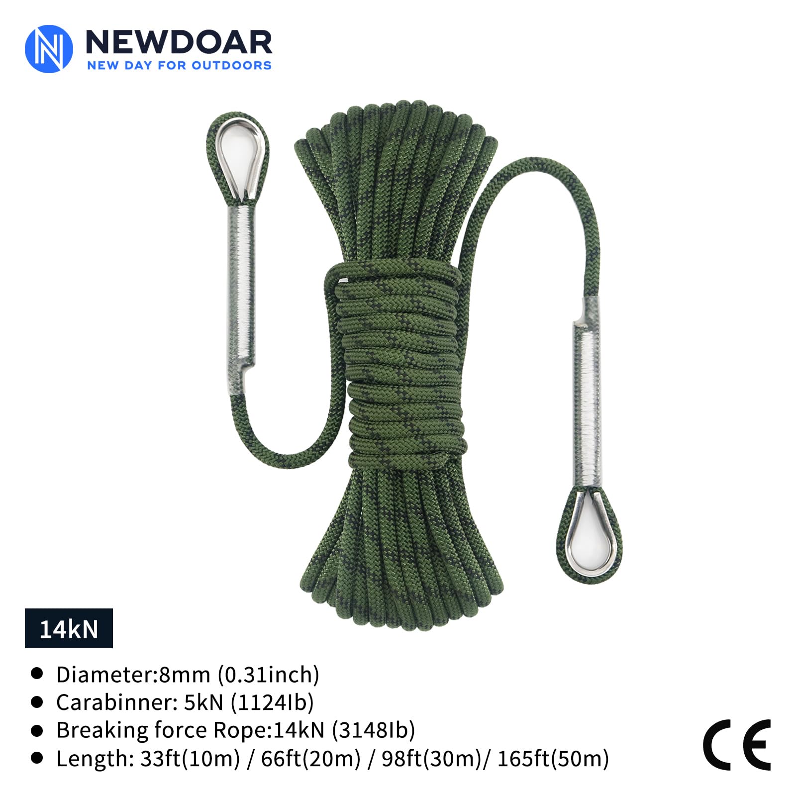 NewDoar 14KN statyczna lina wspinaczkowa 8 mm (5/16 cala) kabel akcesoria wyposażenie 33 stopy (10 m) 66 stóp (20 m) 98 stóp (30 m) 165 stóp (50 m) linka ewakuacyjna z 2 karabińczykami do wspinaczki