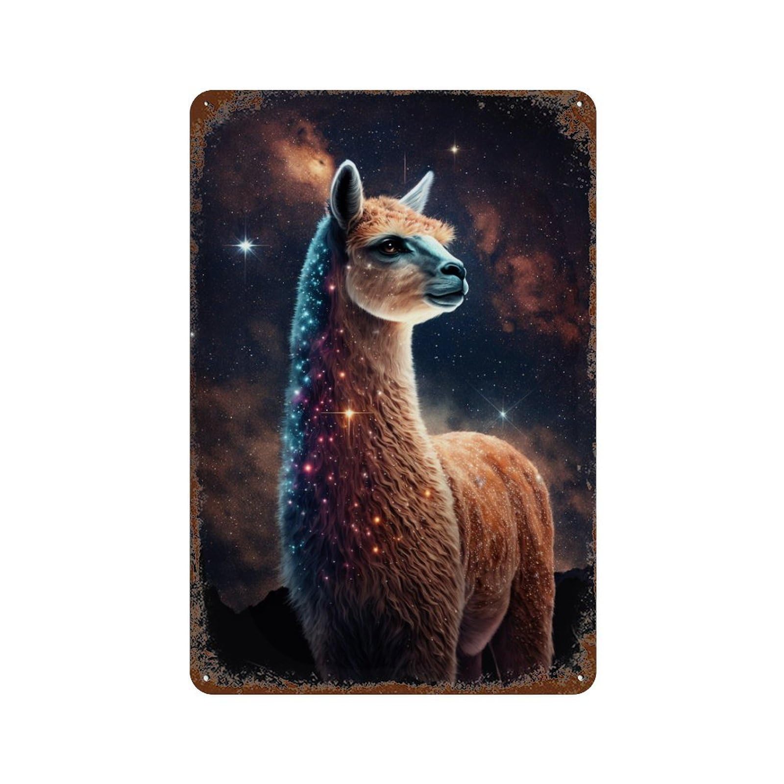 Rust Effect Cosmic Llama Art Print Retro Metal Sign 11.8"x7.9", Farmhouse Wall Decor for Living Room, Hallway And Home Decor