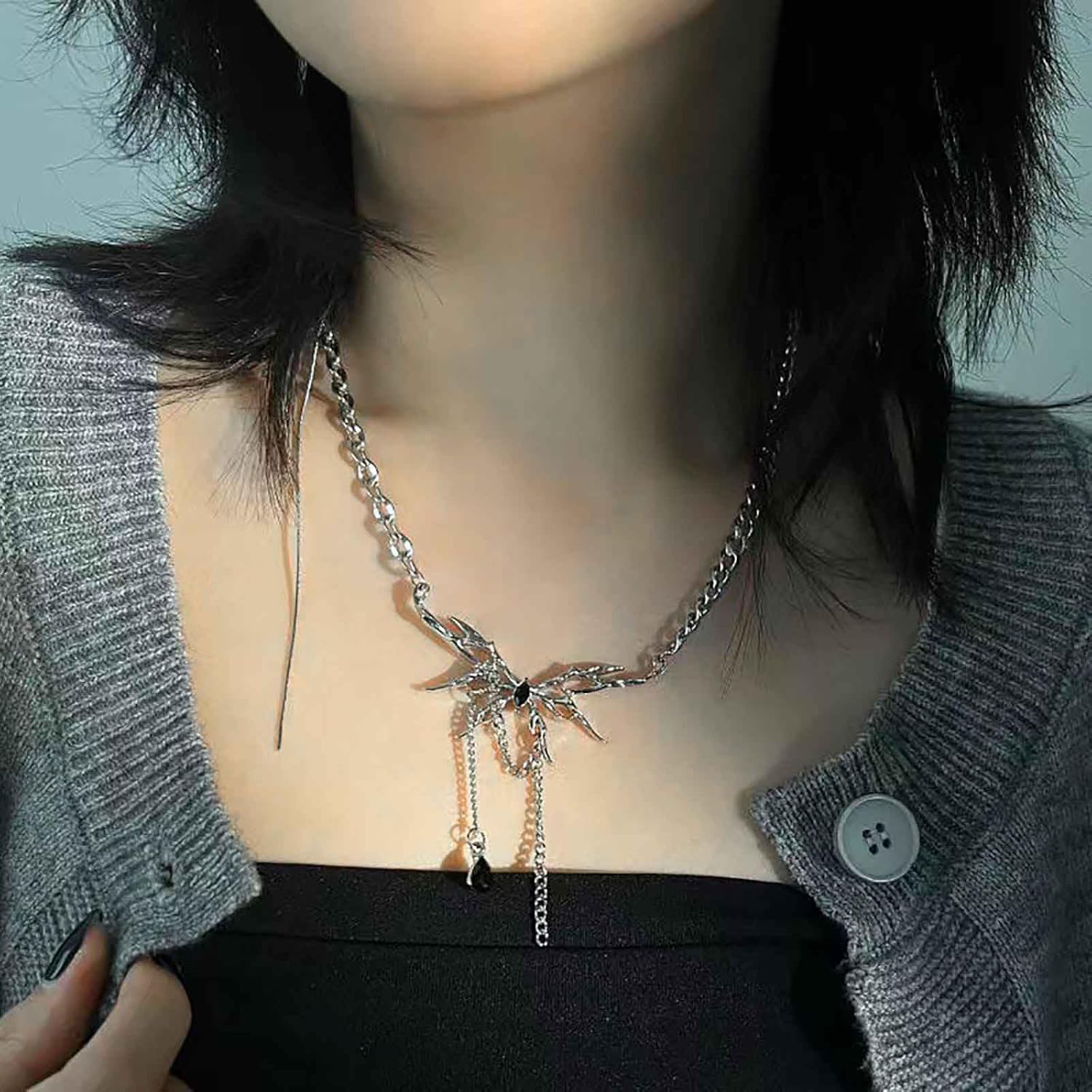 Boho Cz Butterfly Pendent Necklace Butterfly Wing Choker Necklace Hollow Butterfly Necklace Silver Curb Chain Necklace Black Crystal Necklace Chain Jewelry for Women - Image 2