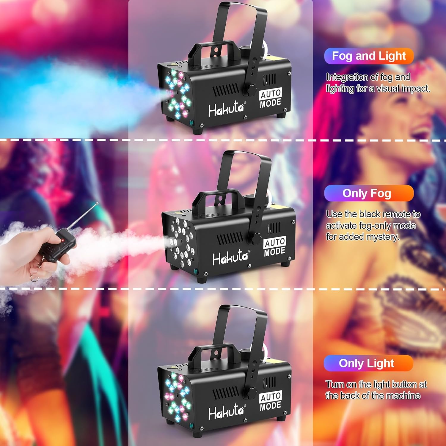 Hakuta Fog Machine, Smoke Machine with Racing, Jumping, Fading, Flashing Modes 18 Colorful LED Lights Automatic Fog Machine for for Halloween, Christmas, Wedding and Stage DJ Party