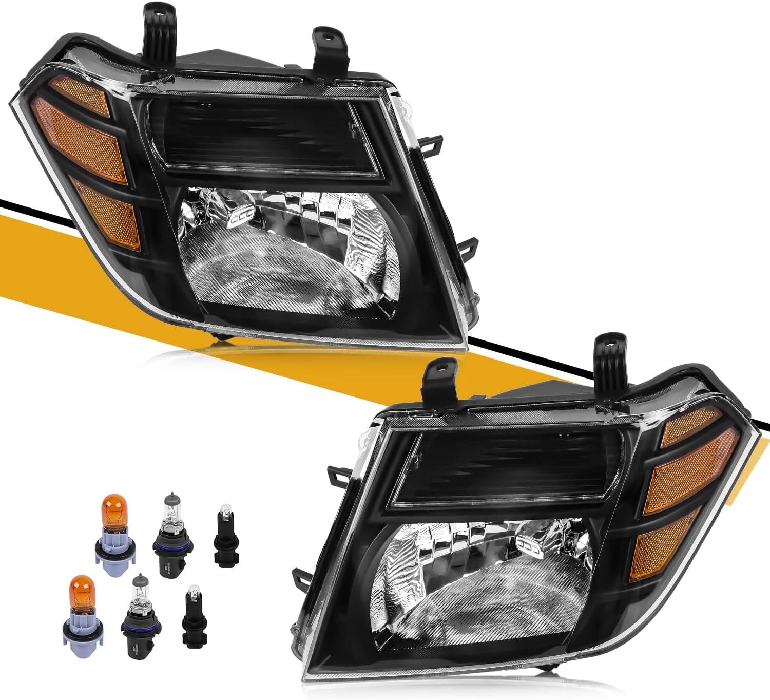 Headlights Assembly Compatible with Nissan Pathfinder 2008-2012 Head Lamps, Halogen Headlamp Replacements 26060ZS00A 26010ZS00A NI2502171 NI2503171, Bulb Included, Black Housing Amber Reflector