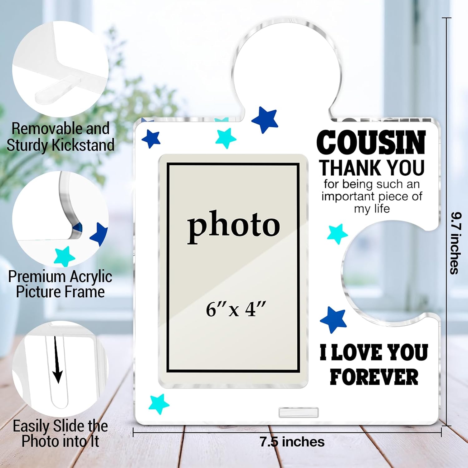 Gifts for Cousin Photo Frame, Happy Birthday Cousin Gifts for Men Boys Christmas Valentines Day Wedding Gift Ideas Acrylic Puzzle Piece Tabletop Picture Frames, Vertical Photo 6 x 4 Inches image 2